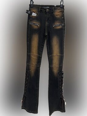 Woman’s  Distressed Black and Brown Washed Jeans with Side Lace Detail Size 3